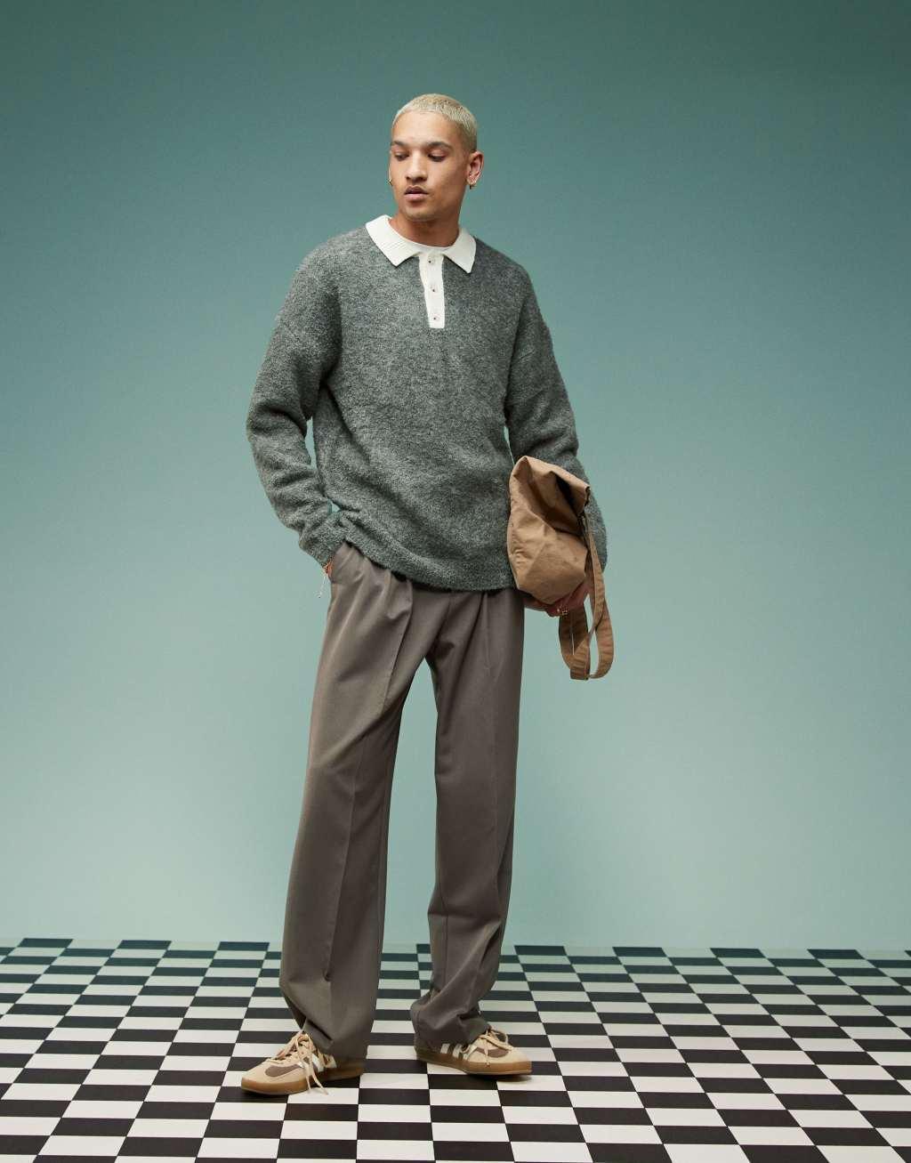 ASOS DESIGN knit relaxed rugby boucle polo in charcoal Product Image