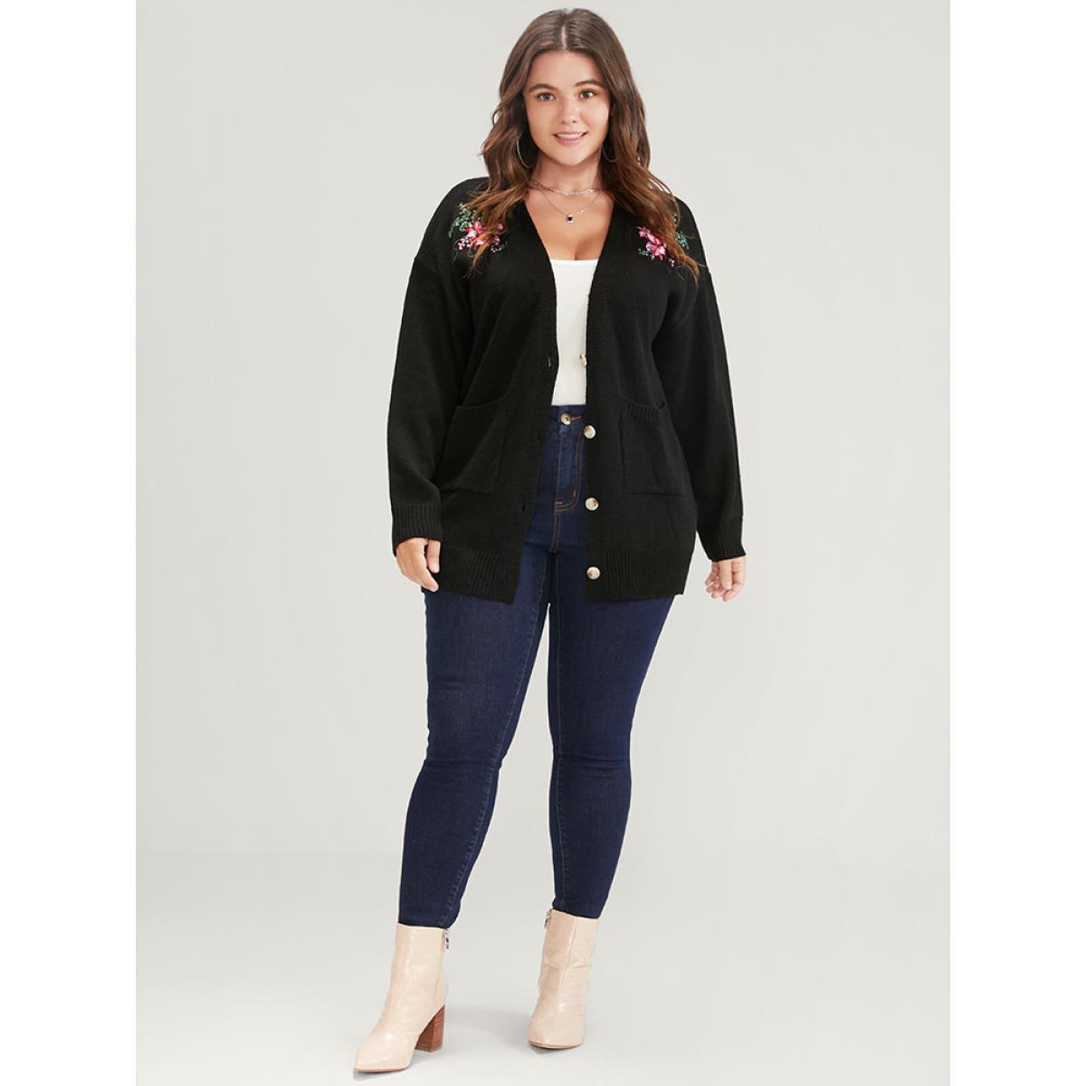 Plus Size Floral Embroidered Pointelle Knit Pocket Button Front Cardigan Black Women Elegant Long Sleeve Dailywear Cardigans BloomChic 14-16/1X Product Image
