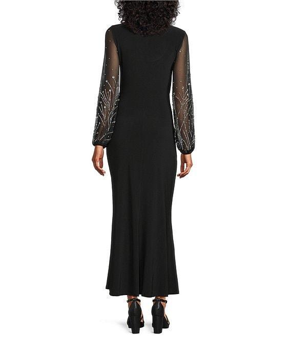 Marina Mesh Beaded Puff Long Sleeve V-Neck Front Slit Gown Product Image