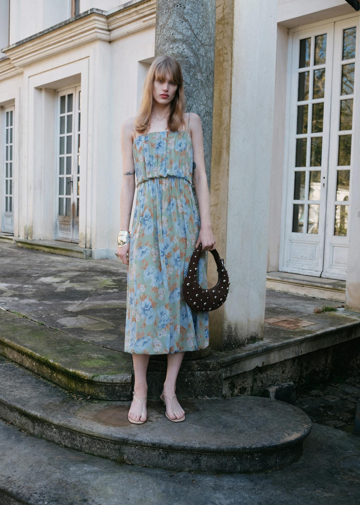 Floral-print dress with gathered waist - Women | MANGO USA Product Image