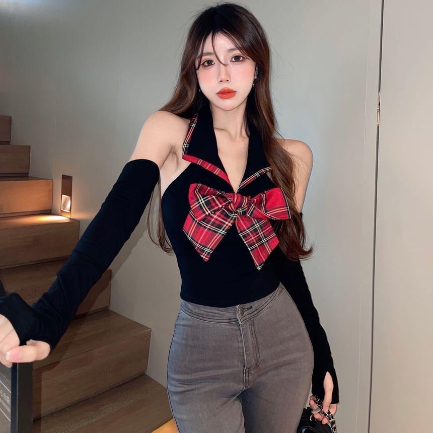 Set: Sleeveless Plaid Bow Halter Top + Arm Sleeves Product Image
