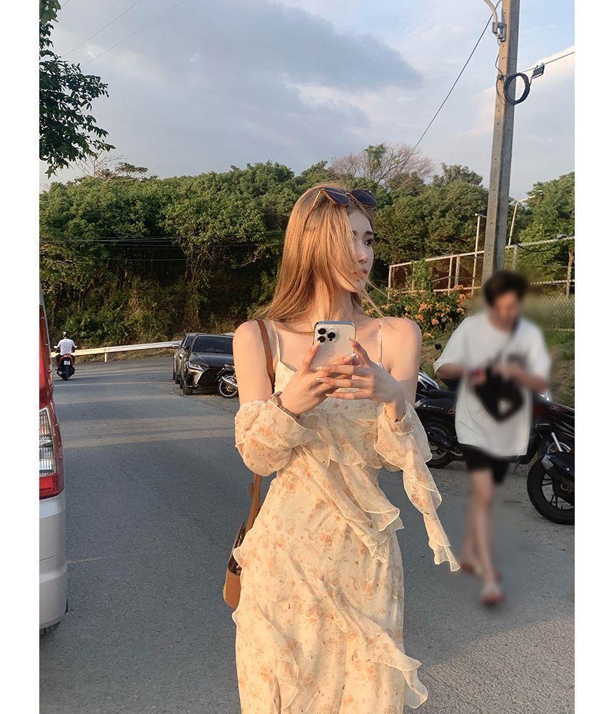 Cold-Shoulder Floral Ruffle Asymmetrical Midi Sundress Dress Product Image