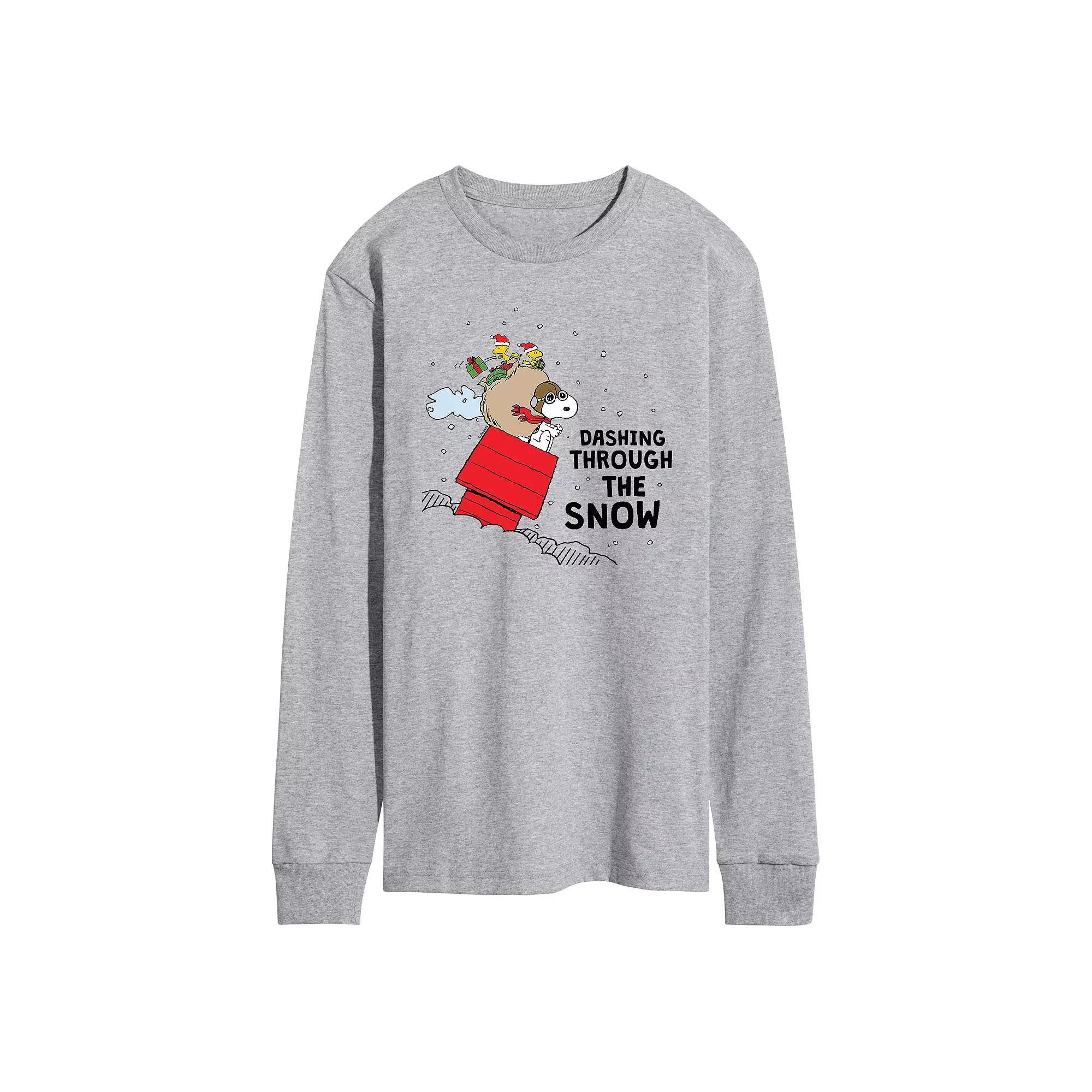 Men's Peanuts Dashing Through The Snow Long Sleeve Tee, Size: Small, Gray Product Image