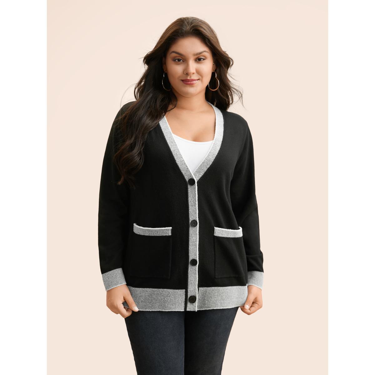 Plus Size Contrast Button Up Pocket Cardigan Black Women Casual Long Sleeve Everyday Cardigans BloomChic 22-24/3X Product Image
