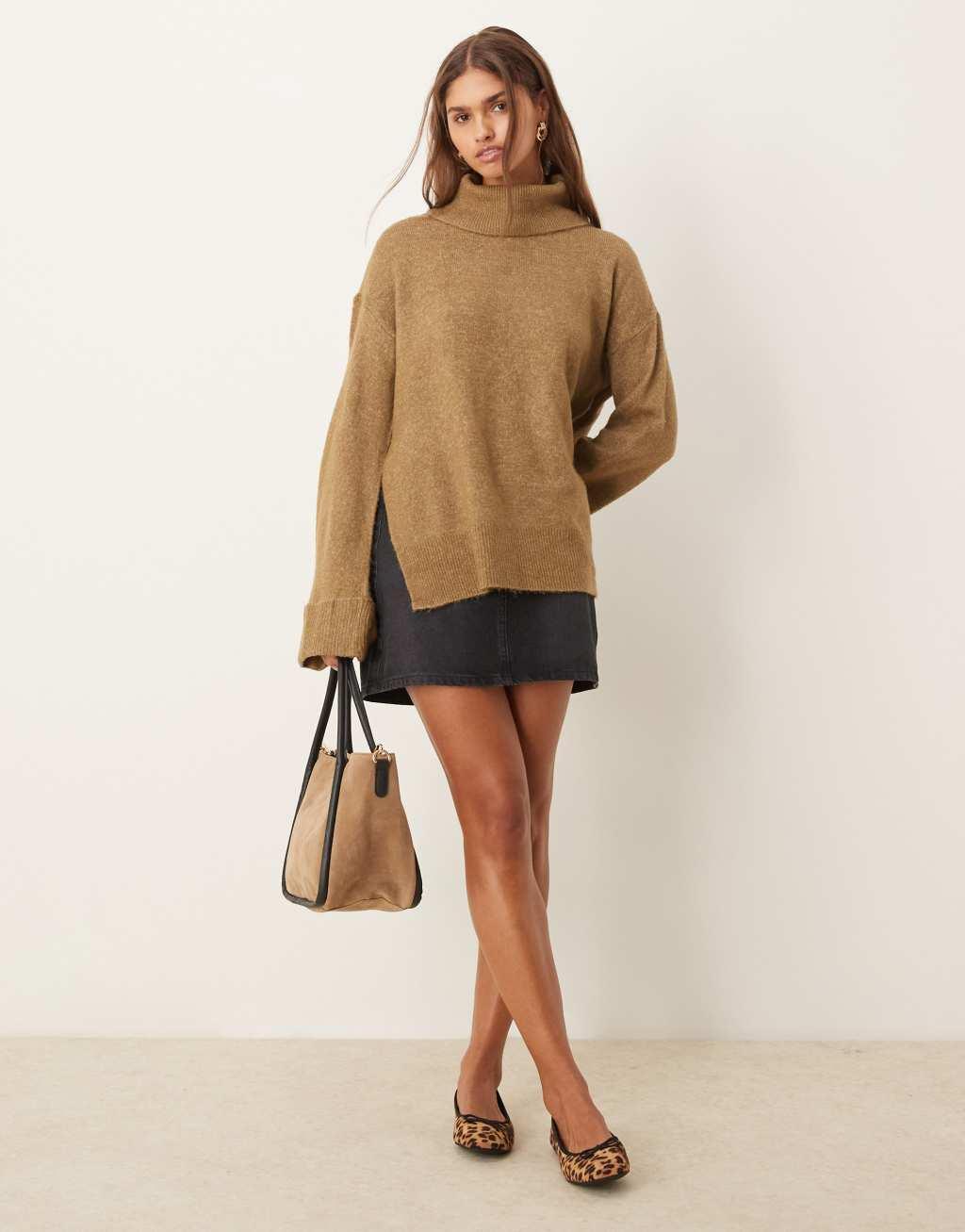 Vila roll neck oversized sweater with turn up cuff in green melange Product Image