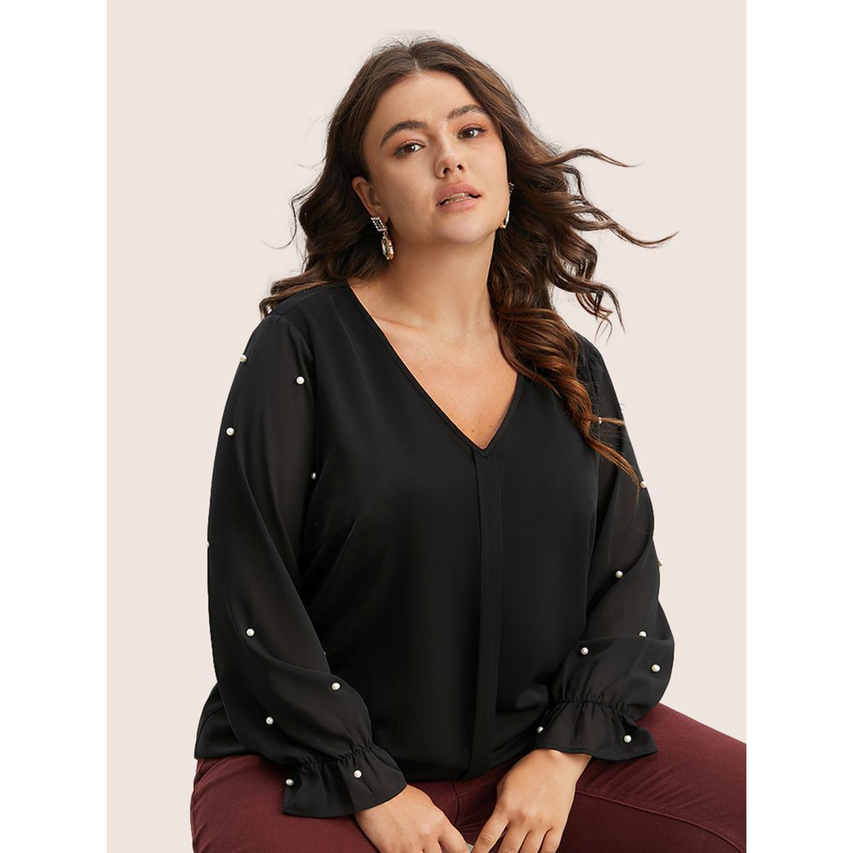 Plus Size Black Pearl Beaded Mesh Patchwork Ruffles Blouse Women Cocktail Long Sleeve V-neck Party Blouses BloomChic 14-16/1X Product Image