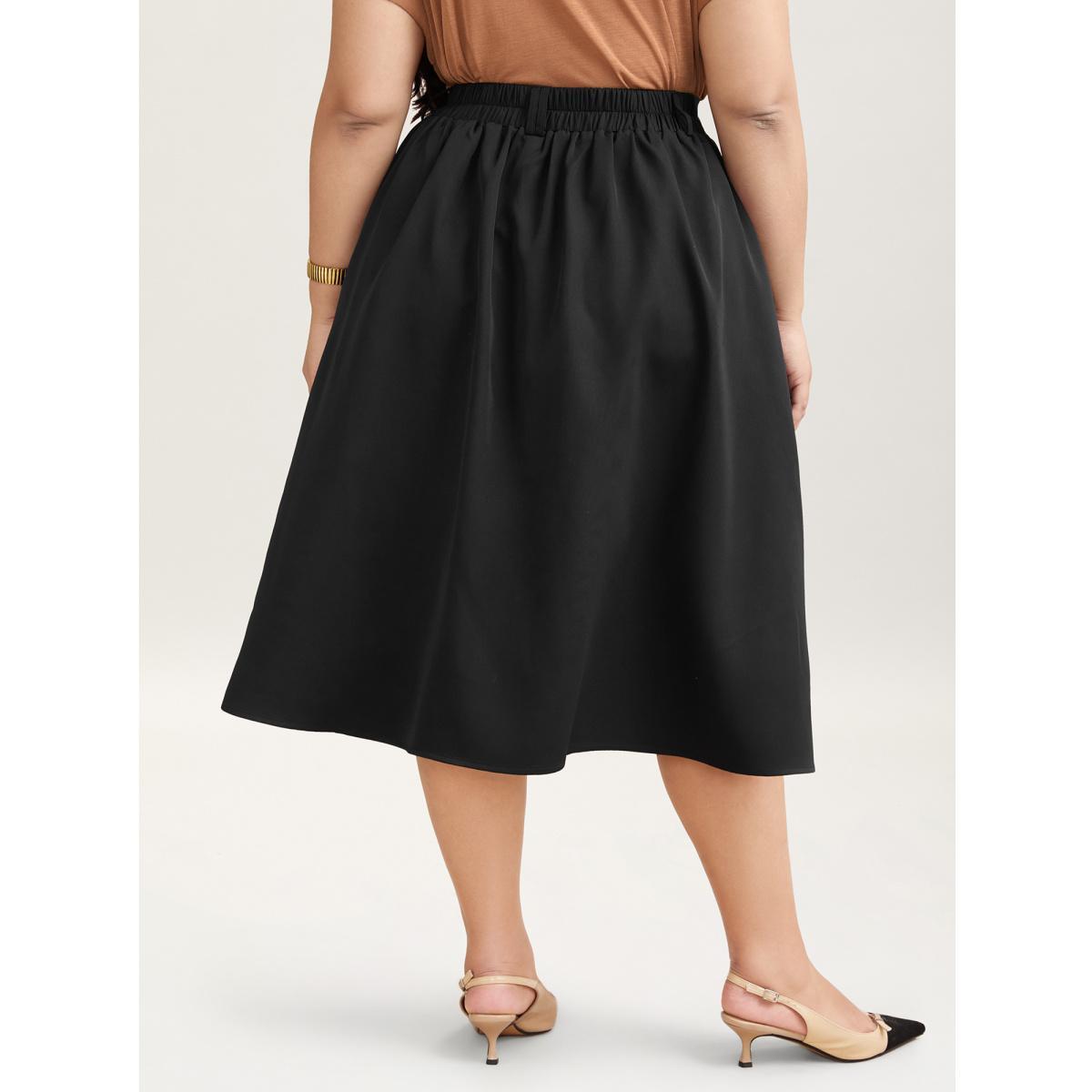 Plus Size Buckled Button Front Pleated Midi Skirt Women Black At the Office Pleated Low stretch Slanted pocket Work Skirts BloomChic 12/L Product Image