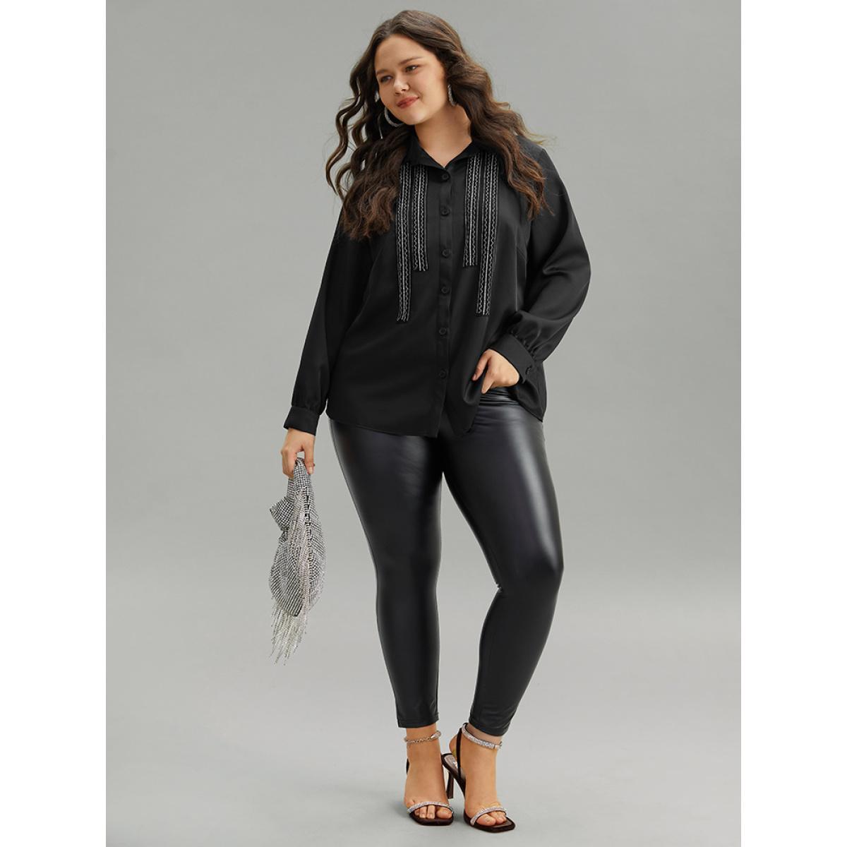 Plus Size Black Twill Rhinestone Contrast Webbing Button Through Blouse Women Glamour Long Sleeve Shirt collar Going out Blouses BloomChic 26/4X Product Image