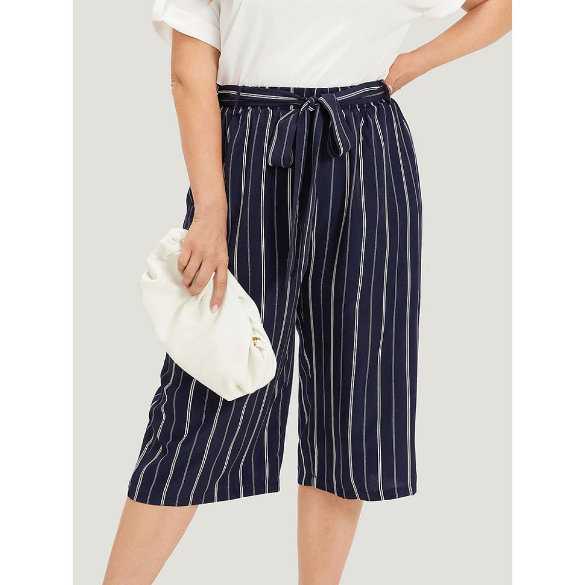 Plus Size Striped Belted Pocket High Rise Cropped Pants Women Indigo Office Straight Leg High Rise Work Pants BloomChic 18-20/2X Product Image
