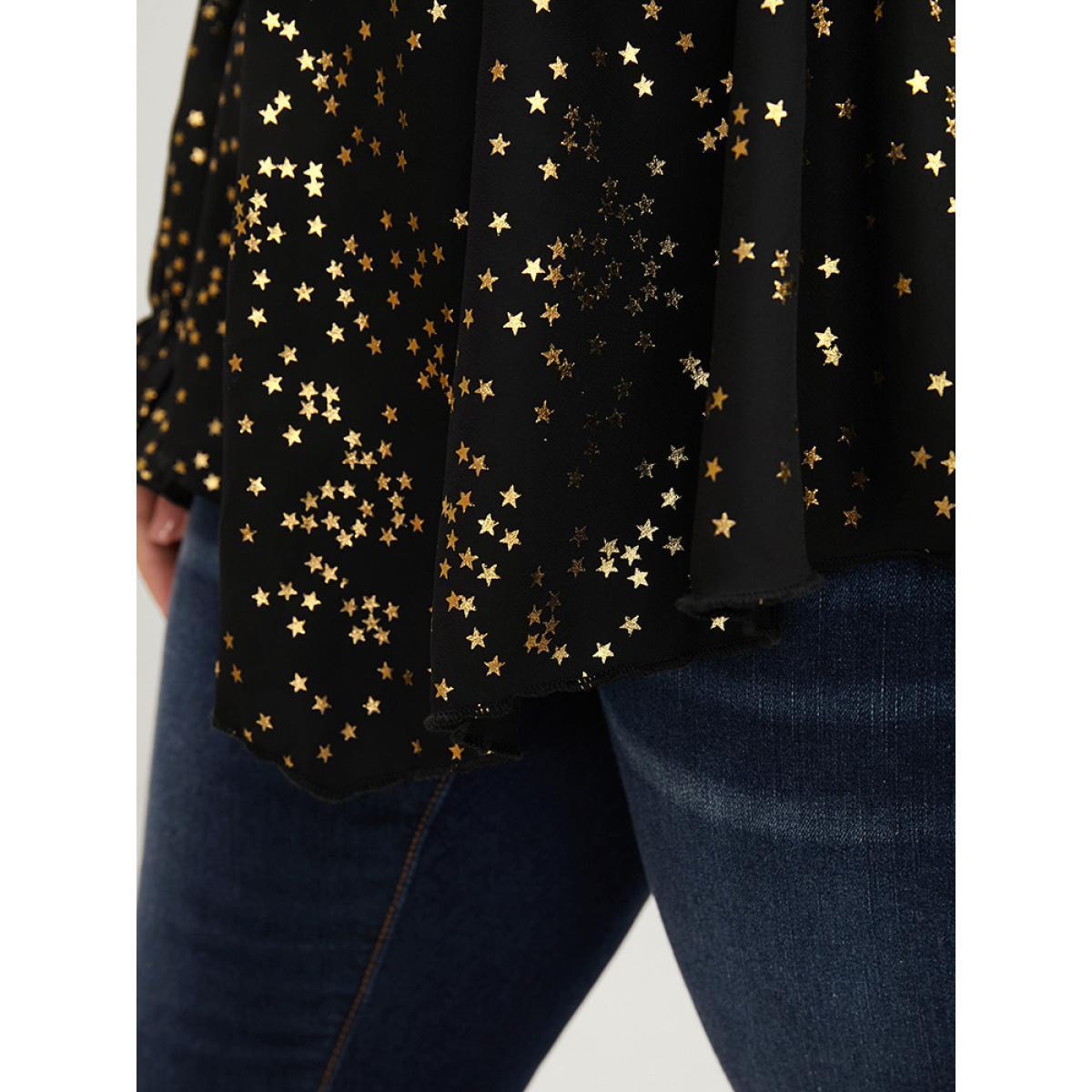 Plus Size Black Star Print Lantern Sleeve Asymmetrical Ruffles Hem Wrap Blouse Women Party Long Sleeve V-neck Going out Blouses BloomChic 26/4X Product Image