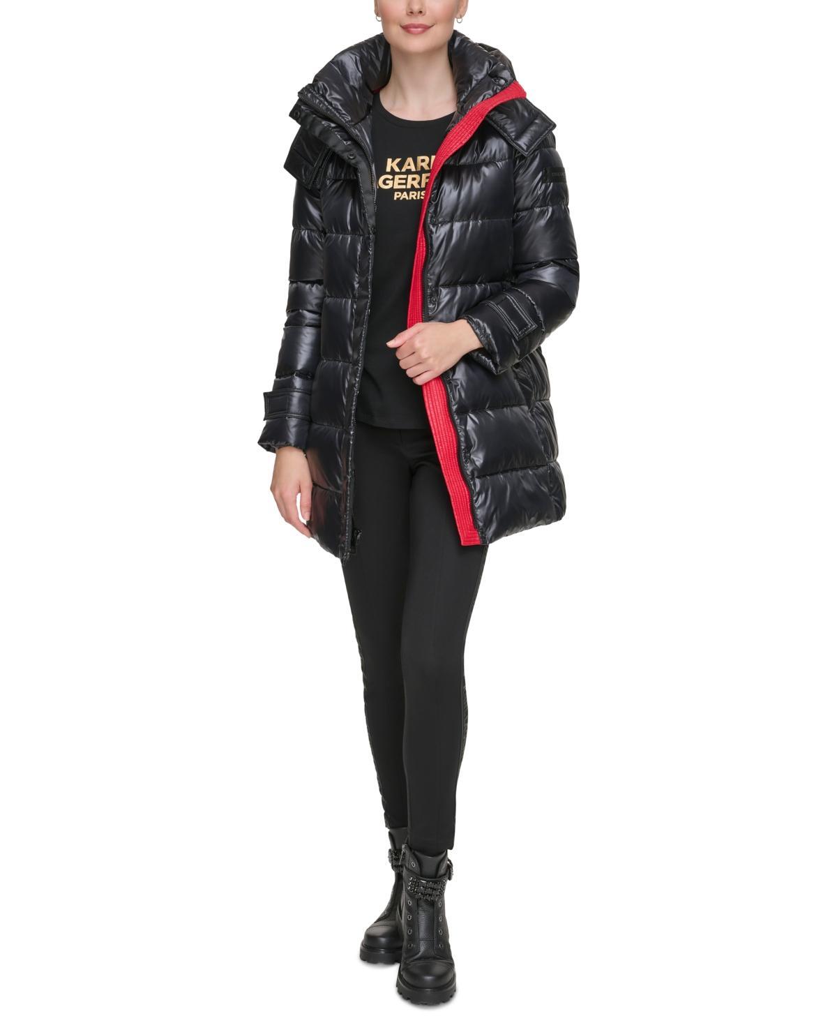Karl Lagerfeld Womens Shine Hooded Short Belted Puffer Coat Product Image
