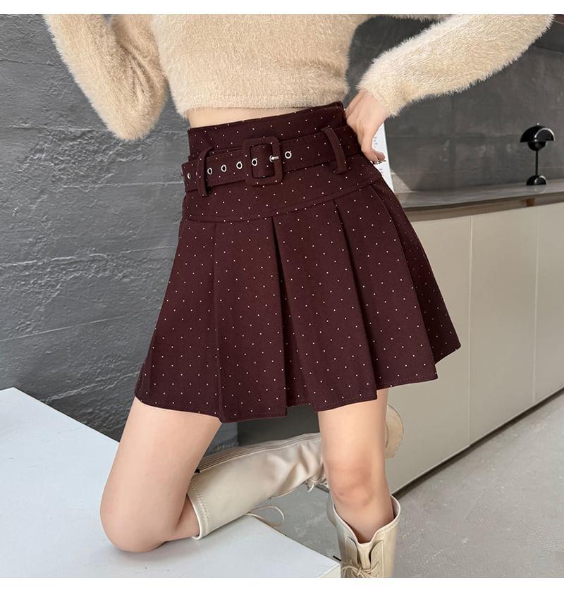 Set: High Waist Dotted Pleated Mini A-Line Skirt + Belt Product Image