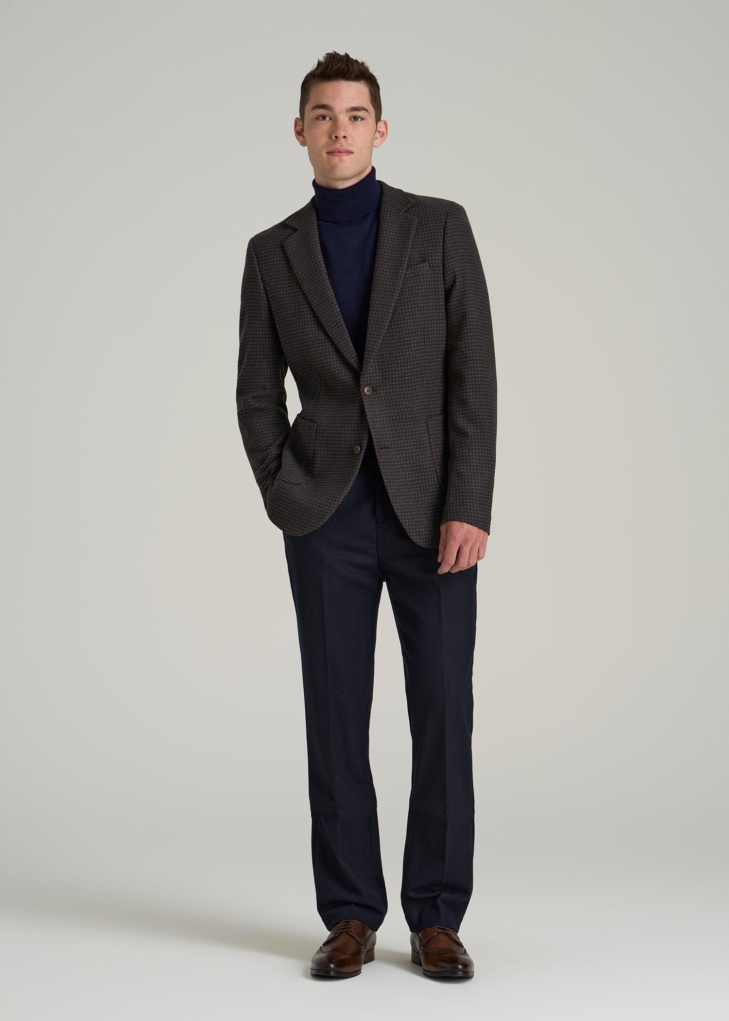 Wool Blend Blazer for Tall Men in Indigo and Brown Houndstooth Product Image