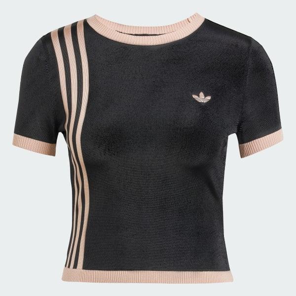 adidas Knitted 3-Stripes Short Tee Black XS Womens Product Image