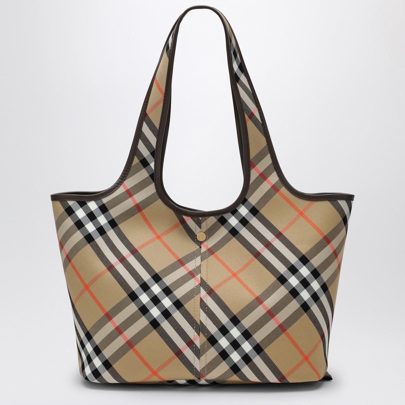 BURBERRY Beige Check Pattern Small Tote Bag Product Image