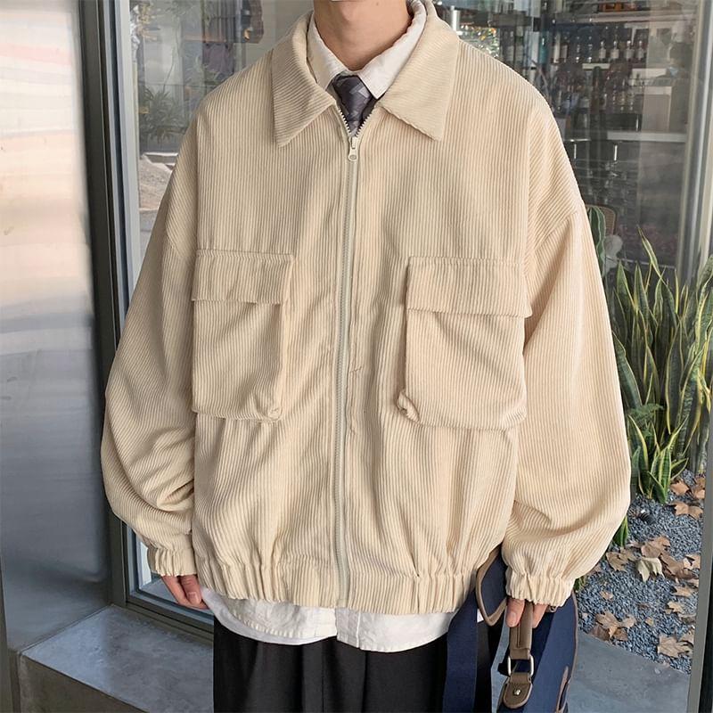 Collared Plain Zip-Up Corduroy Cargo Jacket Product Image