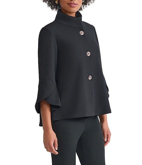 Ming Wang Deco Crepe Winged Collar Bell Sleeve Button Front Jacket Product Image