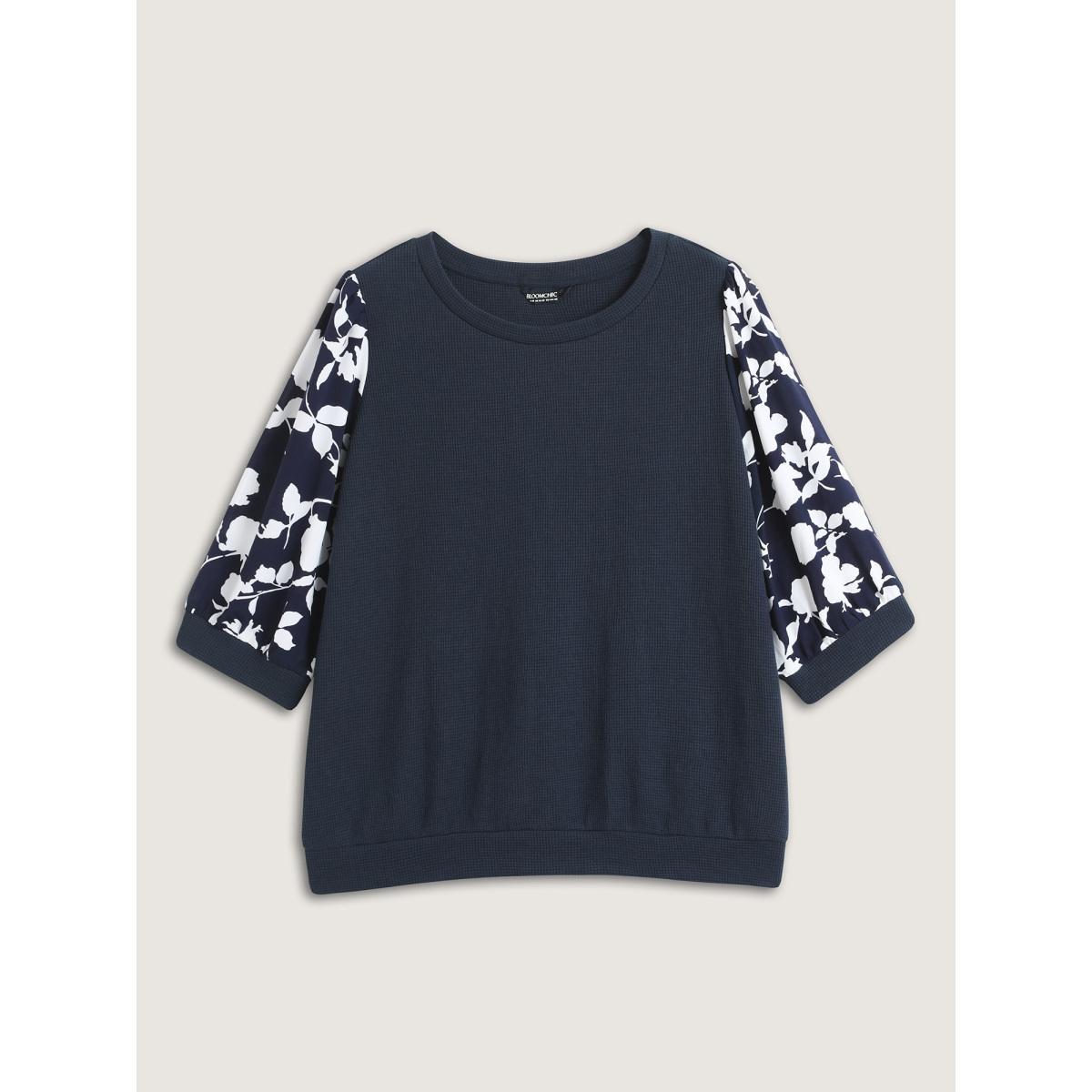 Plus Size Textured Floral Puffy Sleeve Sweatshirt Women Indigo Texture Round Neck Everyday-Elegant Sweatshirts BloomChic 22-24/3X Product Image