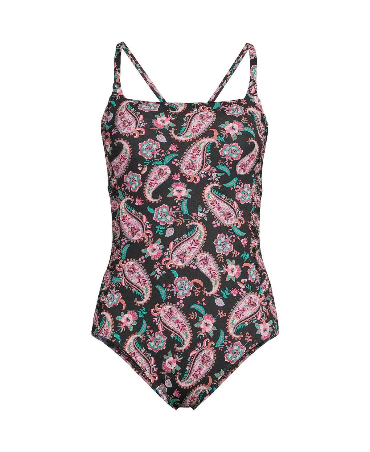 Women's Lands' End Smocked Square Neck UPF 50 One-Piece Swimsuit, Size: Small, Black Paisley Floral Product Image