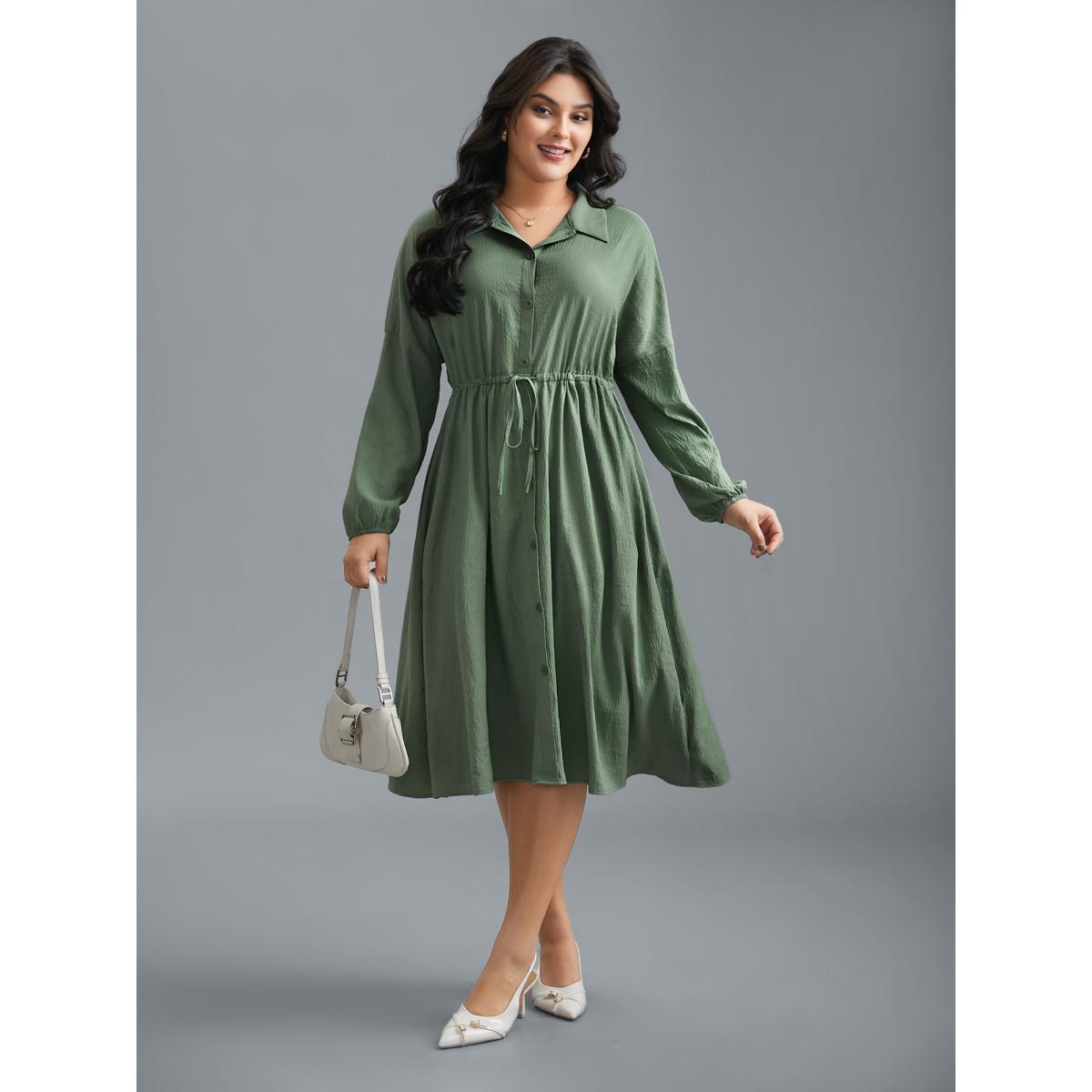 Plus Size Shirt Collar Tie-Waist Drop Dress Moss Women At the Office Tie knot Shirt collar Long Sleeve Curvy BloomChic 12/L Product Image