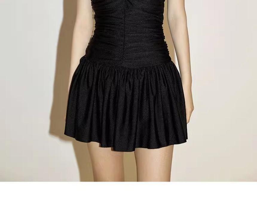 Halter Plain Flower Detail Ruched Swimdress Product Image
