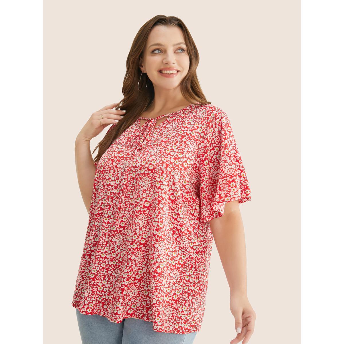 Plus Size Crimson Ditsy Floral Ruffle Sleeve Tie Neck Blouse Women Elegant Short sleeve V-neck Everyday Blouses BloomChic 12/L Product Image