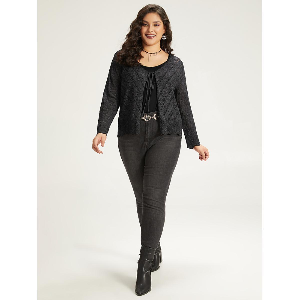 Plus Size Supersoft Essentials Halloween Plain Hollow Out Ties Open Front Cardigan Black Women Casual Loose Long Sleeve Everyday Cardigans BloomChic 14-16/1X Product Image