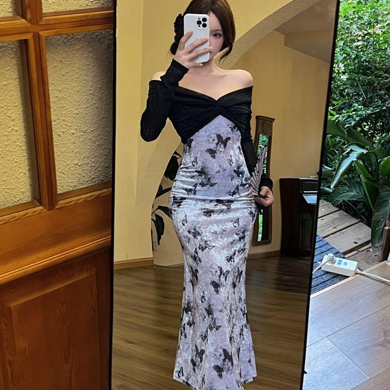 Long-Sleeve V-Neck Butterfly Print Panel Midi Sheath Dress Product Image