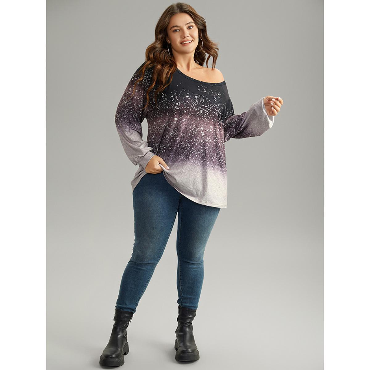 Plus Size Ombre Raglan Sleeve Contrast T-shirt Multicolor Women Casual Elastic cuffs Colorblock Round Neck Everyday T-shirts BloomChic 12/L Product Image