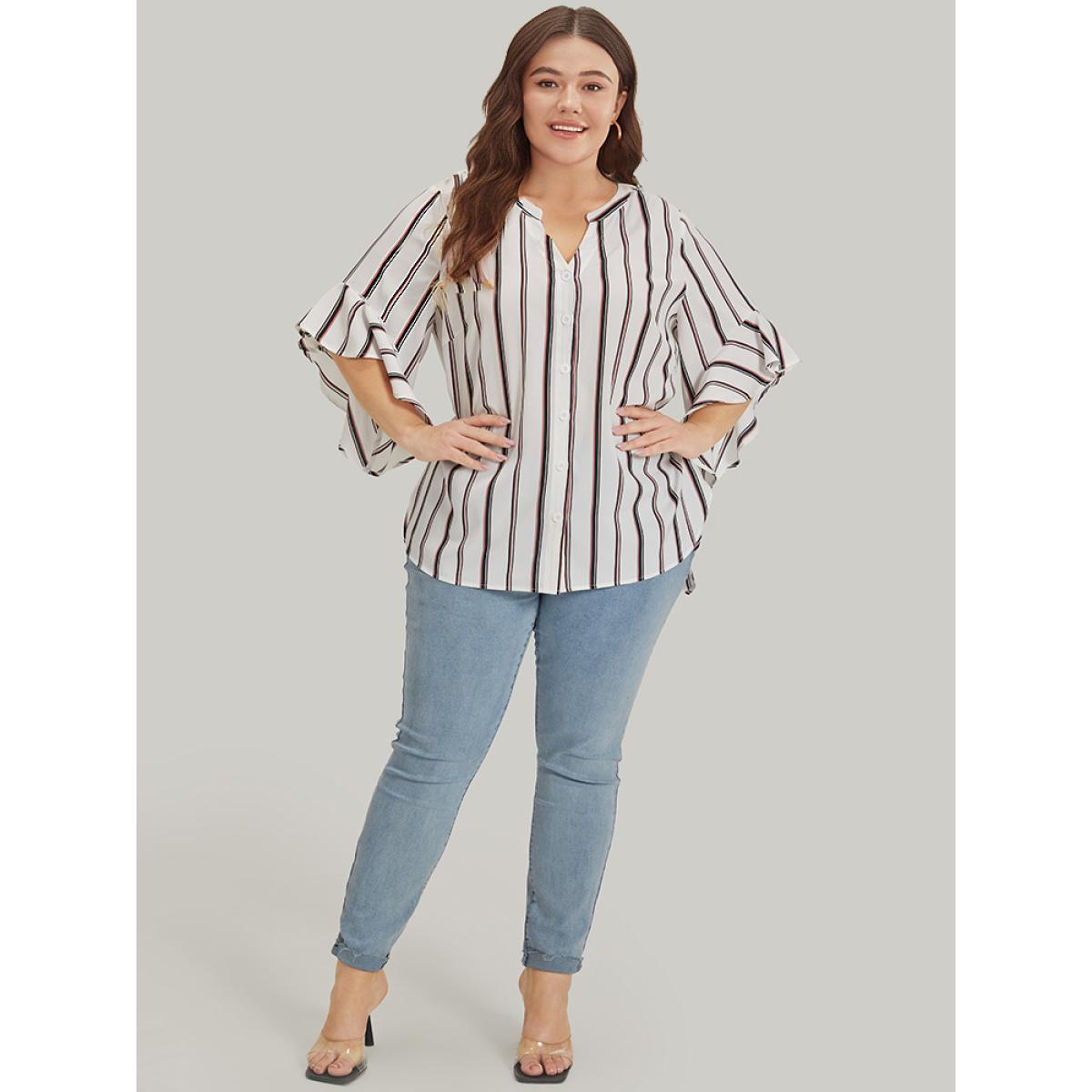 Plus Size White Striped Contrast Notched Bell Sleeve Split Side Blouse Women Office Elbow-length sleeve Notched collar Dailywear Blouses BloomChic 18-20/2X Product Image