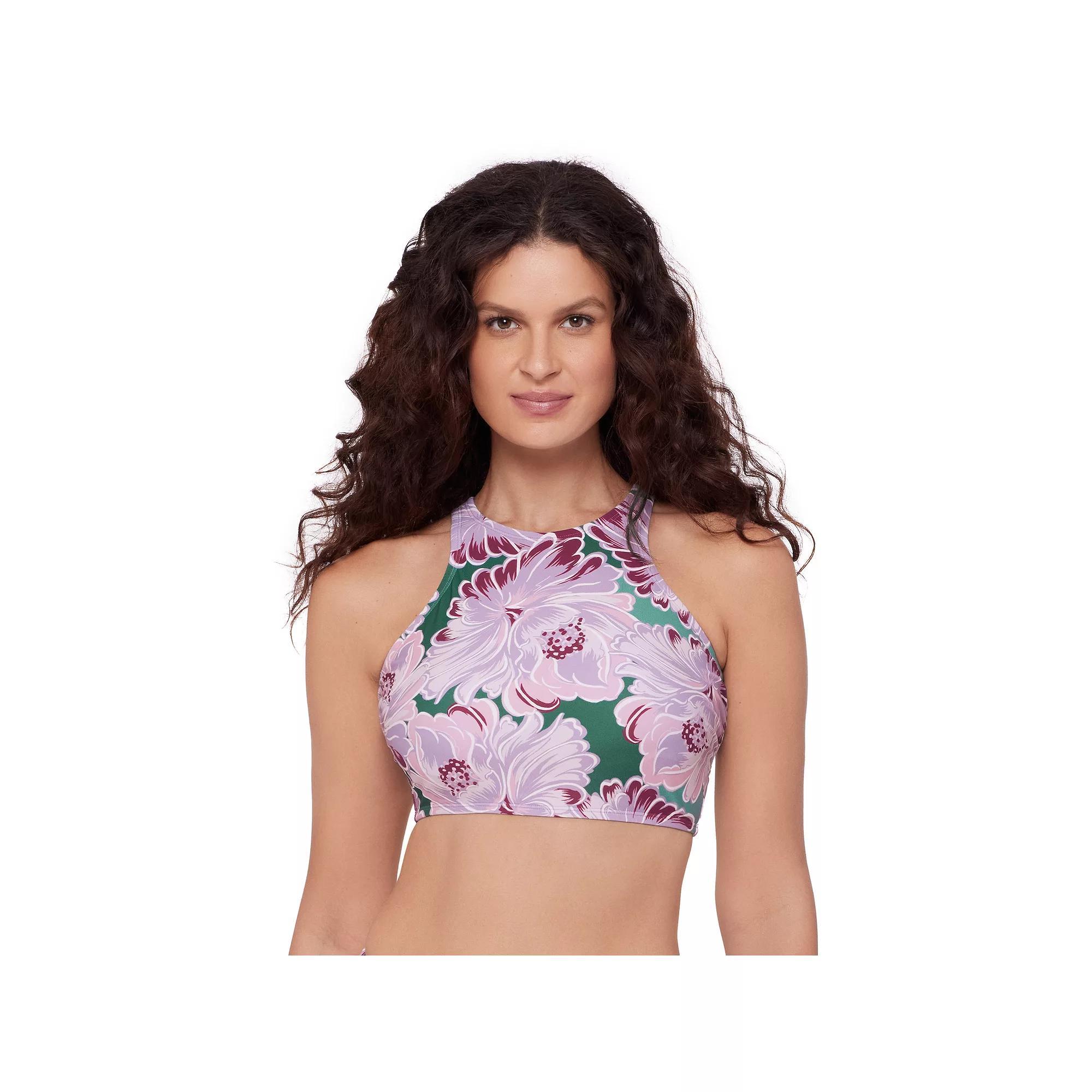 Women's Eco Beach High Neck Strappy Back Longline Bikini Top, Size: Large, Super Bloom Product Image