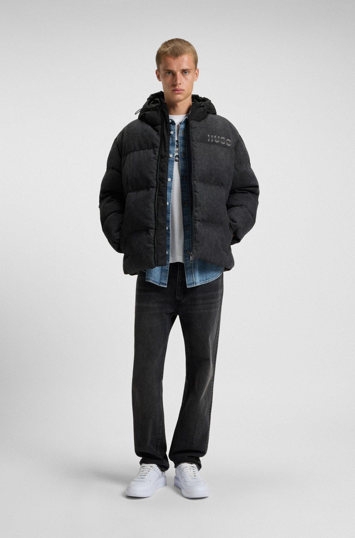 Relaxed-fit padded jacket in black denim with logos Product Image