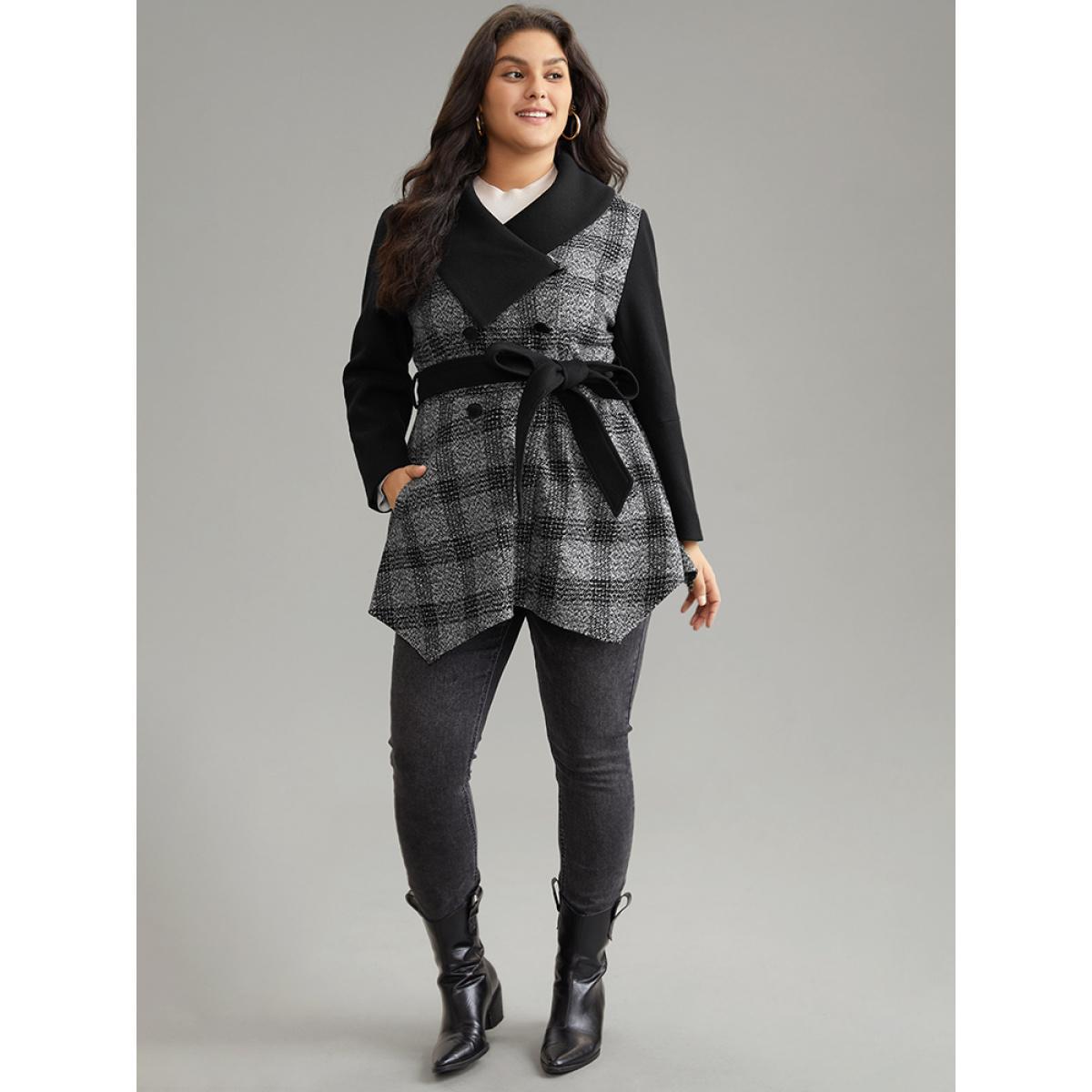 Plus Size Plaid Belted Lapel Collar Button Up Coat Women Black Casual Belted Ladies Dailywear Winter Coats BloomChic 10/M Product Image
