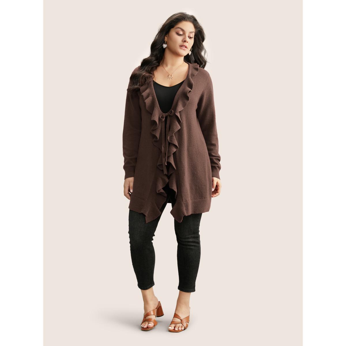 Plus Size Supersoft Essentials Solid Ruffle Trim Ties Cardigan DarkBrown Women Elegant Long Sleeve Everyday Cardigans BloomChic 30/6X Product Image