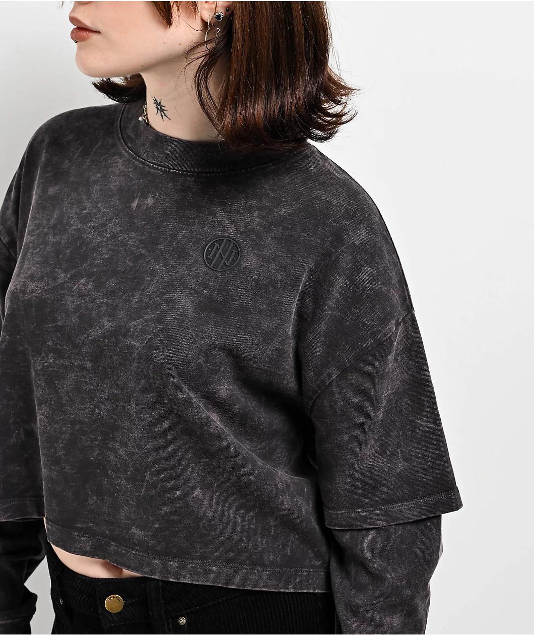 Ninth Hall Fundamentals Lonnie Black Wash Boxy 2fer Crop Long Sleeve T-Shirt Product Image