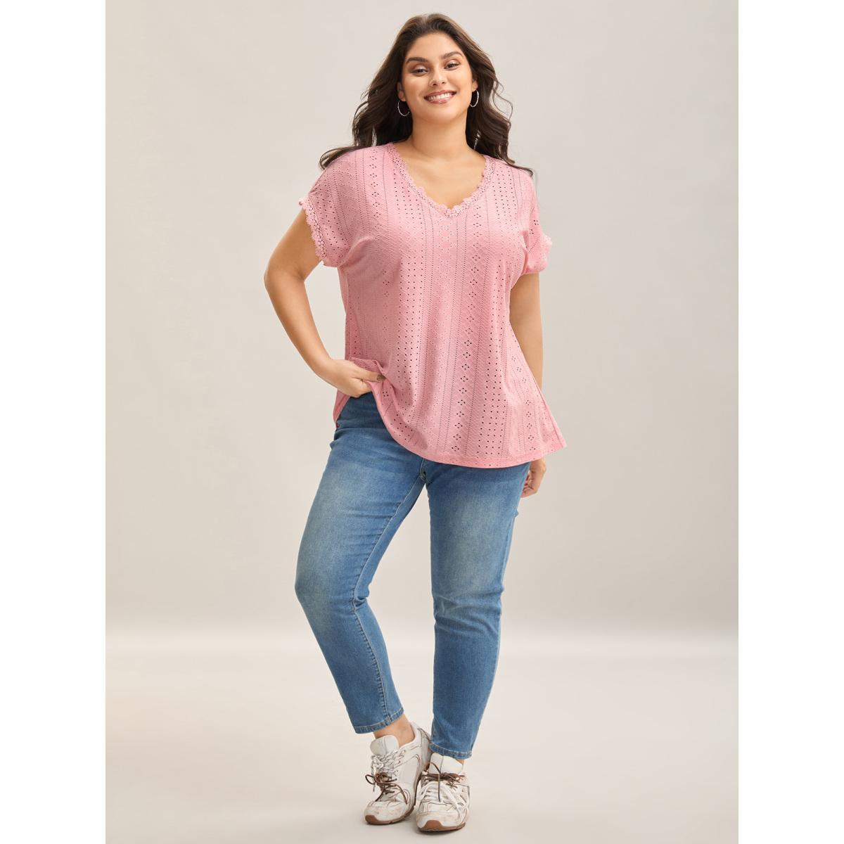 Plus Size Eyelet Textured Lace Detail T-Shirt Blush Women Casual Woven ribbon&lace trim V-neck Everyday T-shirts BloomChic 22-24/3X Product Image