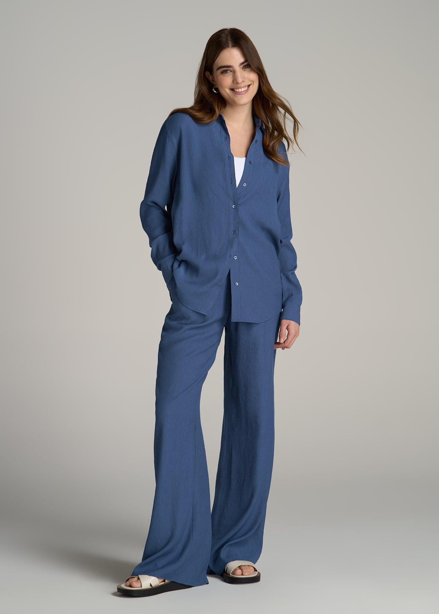 Long Sleeve Crinkle Tall Women's Blouse in Steel Blue Product Image