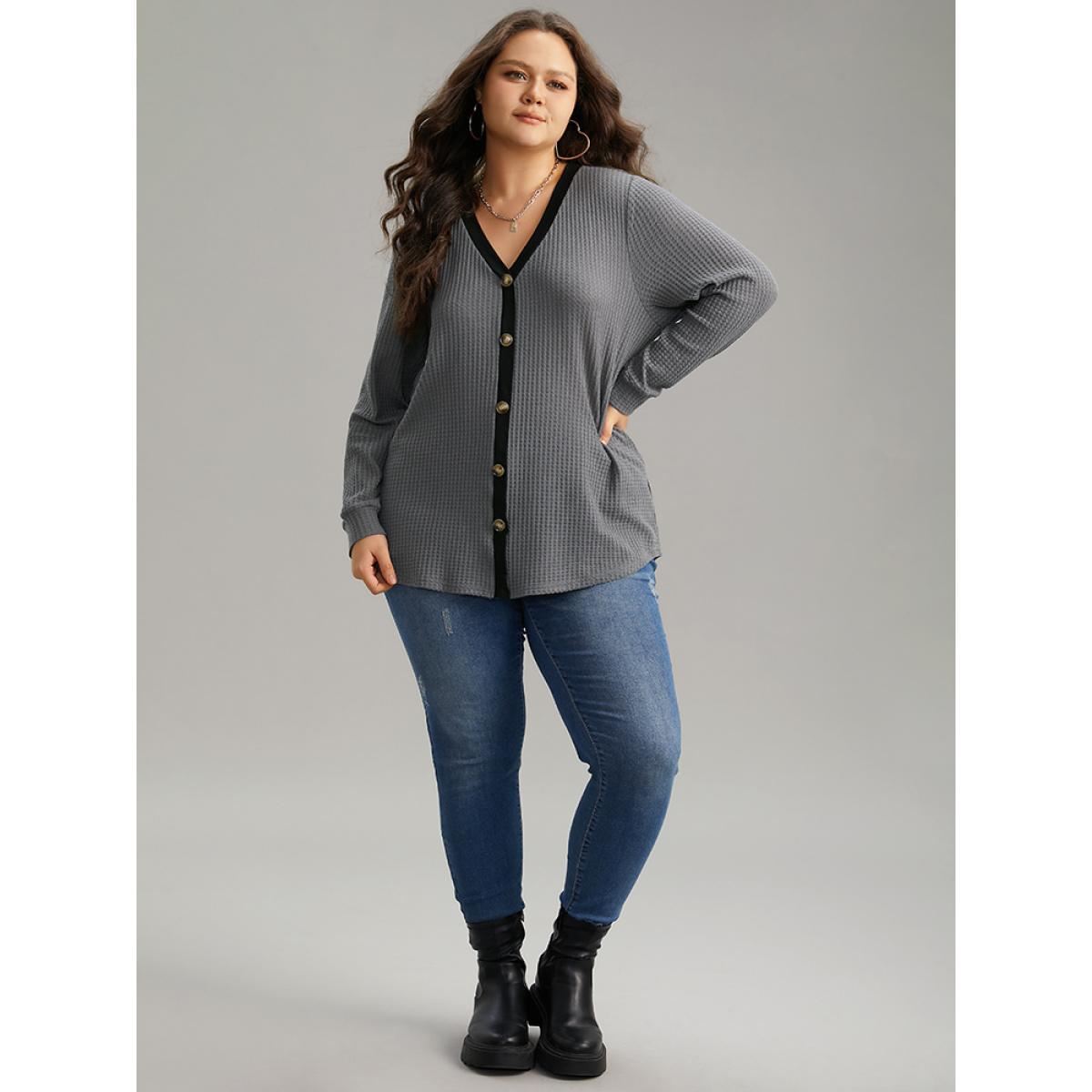 Plus Size Waffle Knit Button Detail Contrast Trim T-shirt Gray Women Casual Waffle Knit Plain Open Front Dailywear T-shirts BloomChic 18-20/2X Product Image
