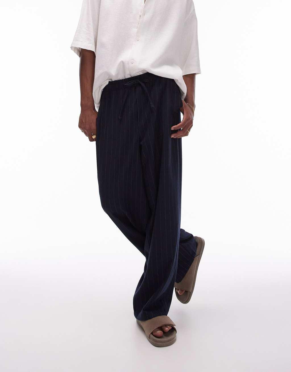 Topman wide leg pin stripe pants in navy Product Image