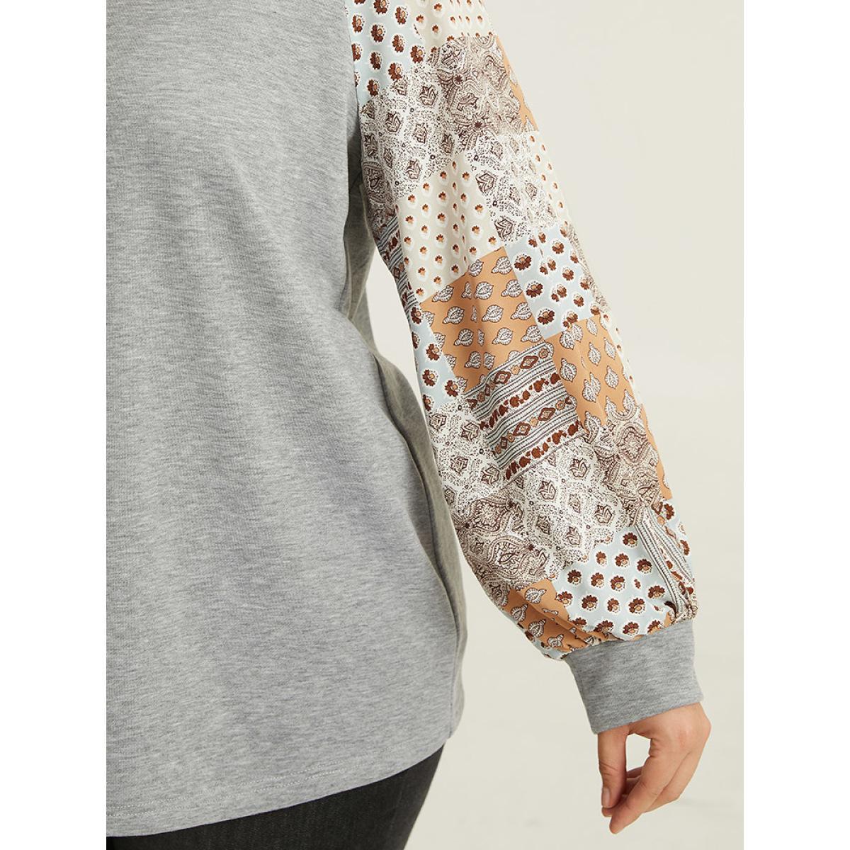 Plus Size Halloween Bandana Print Patchwork Contrast Sweatshirt Women Gray Casual Elastic cuffs V-neck Festival-Halloween Sweatshirts BloomChic 28/5X Product Image
