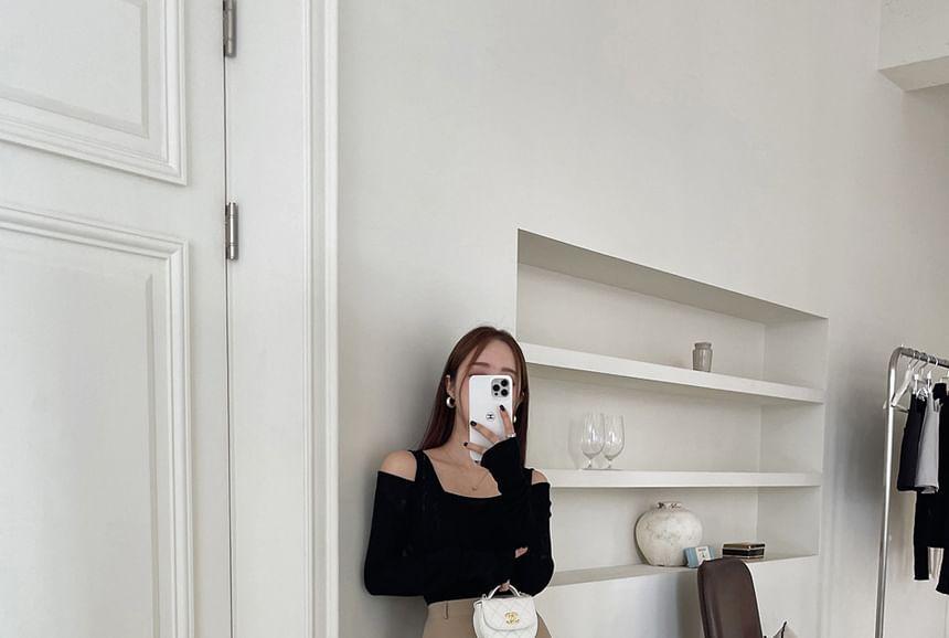 High Waist Plain Zip-Up Midi A-Line Skirt Product Image