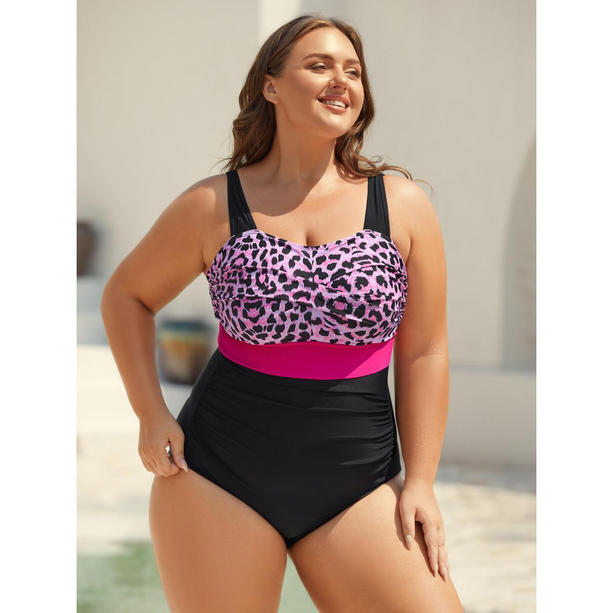 Plus Size Leopard Print Twist Front One-Piece Swimsuit Women's Swimwear RedViolet Beach Twist Curve Bathing Suits High stretch One Pieces BloomChic 26/4X Product Image