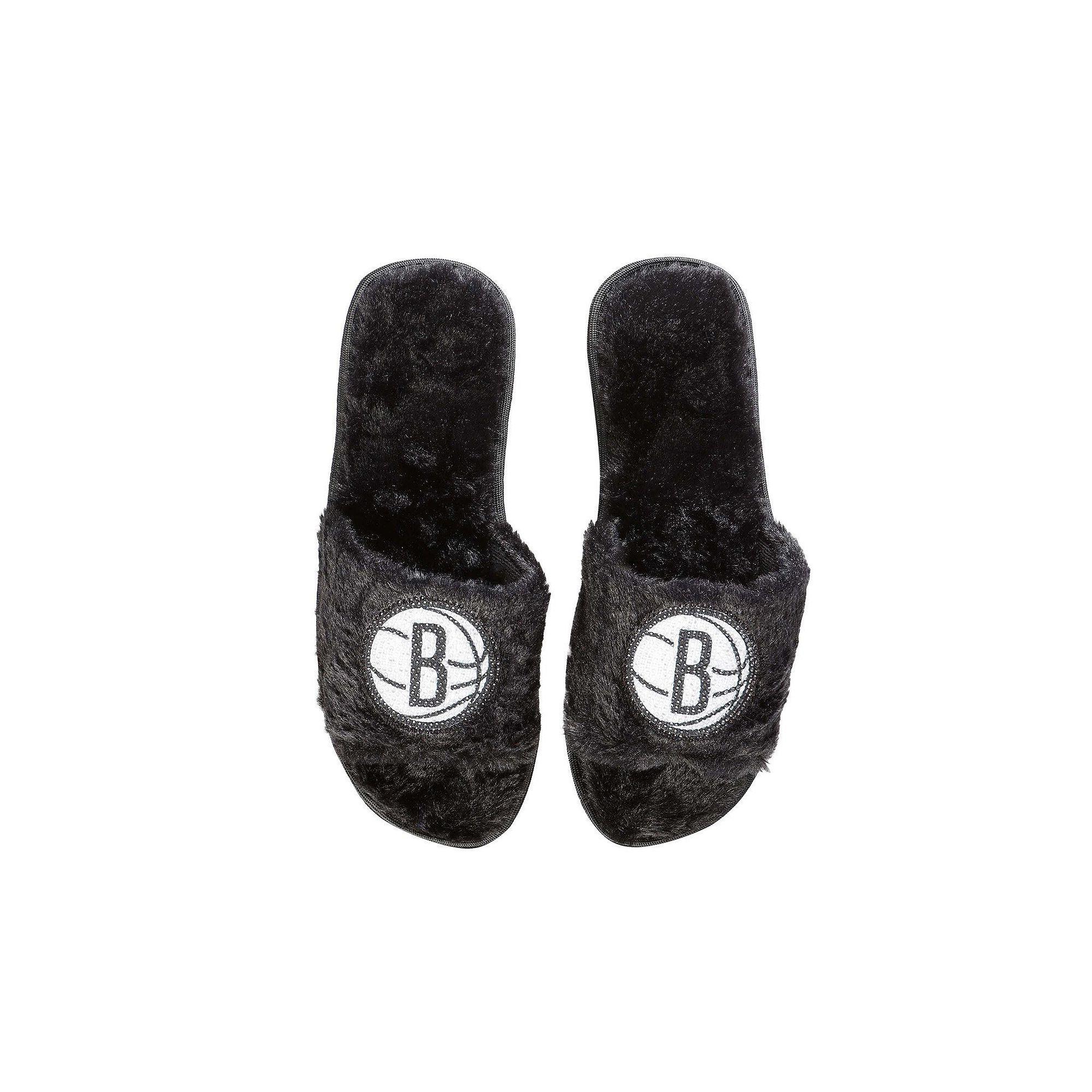 Women's FOCO Black Brooklyn Nets Rhinestone Fuzzy Slippers, Size: XL Product Image