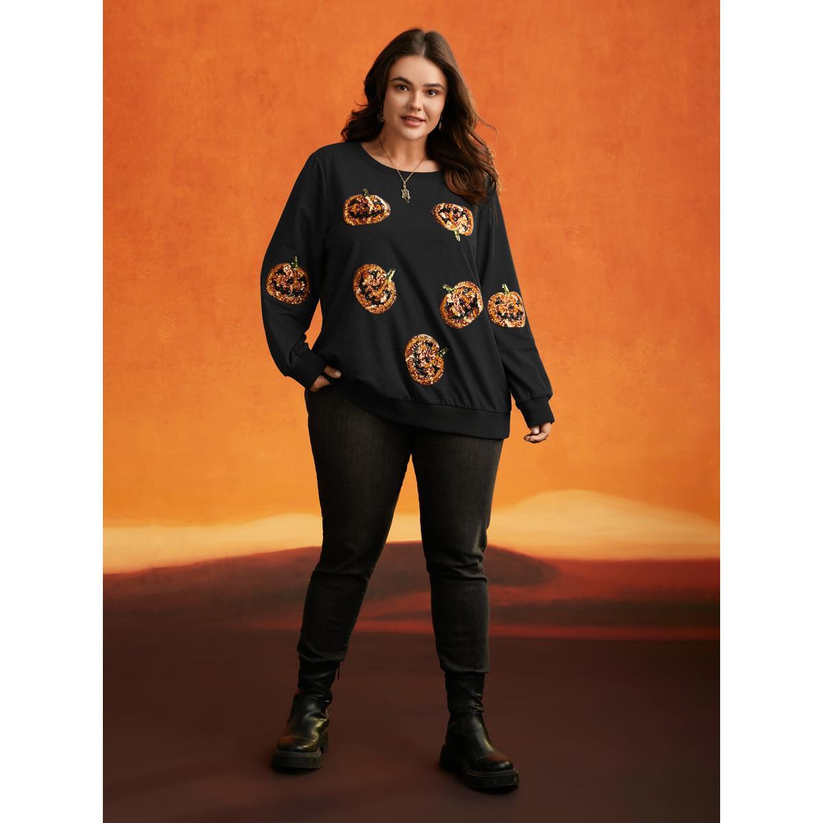 Plus Size Jack-O-Lantern Sequin Sweatshirt Women Black Casual Contrast Loose Round Neck Everyday Sweatshirts BloomChic 26/4X Product Image