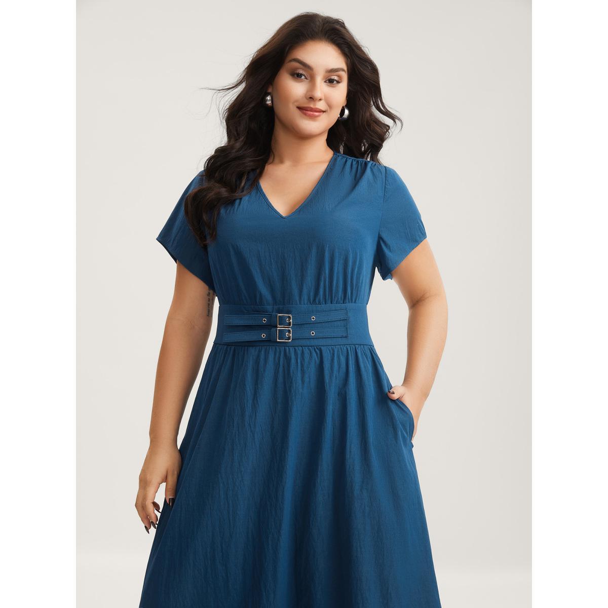 Plus Size Belted Cinched-Waist Solid Maxi Dress Mediumblue Women V-neck Cap Sleeve Curvy BloomChic 12/L Product Image