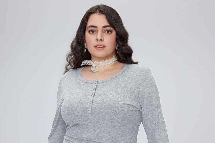 Plus Size Long-Sleeve Scoop Neck Henley Melange Tiered Mini A-Line Dress Product Image