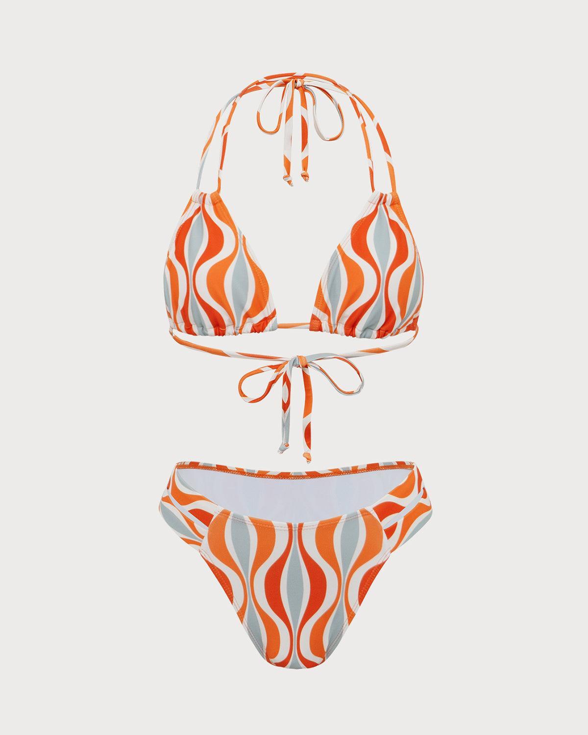 Orange Knitted Wave Print Bikini Set Product Image