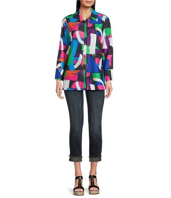 Calessa Petite Size Textured Knit Geometric Multicolor Point Collar Long Sleeve Button Front Tunic Product Image