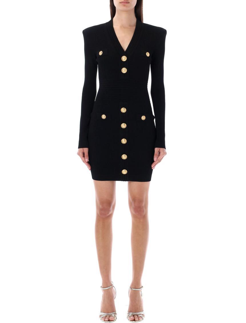 BALMAIN Mini Black Dress With Golden Buttons In Stretch Viscose Woman In Opa Noir Product Image
