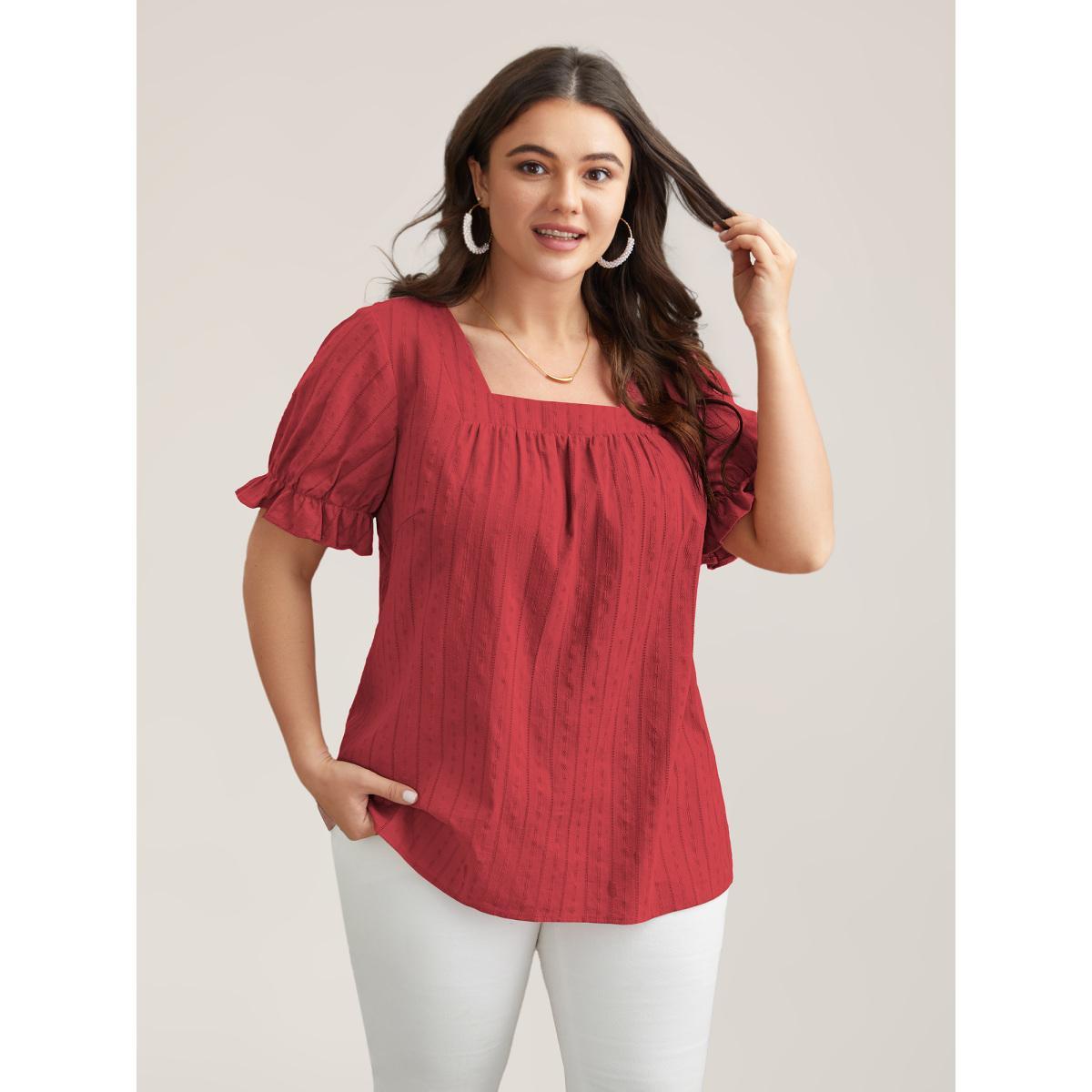 Plus Size Crimson Cotton Square Neck Ruffled Sleeve Shirt Women Elegant Short sleeve Square Neck Everyday Blouses BloomChic 18-20/2X Product Image